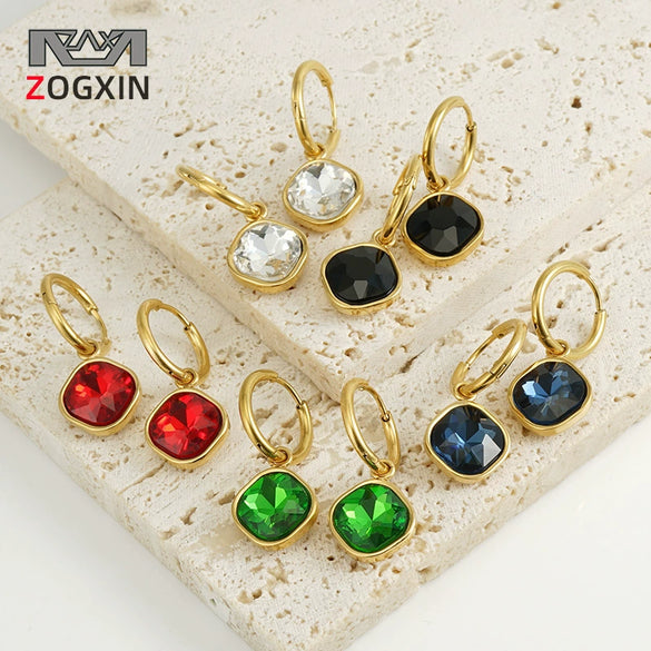 Stainless Steel Inlaid Zircon Earrings 18K Gold Plated Geometric Style