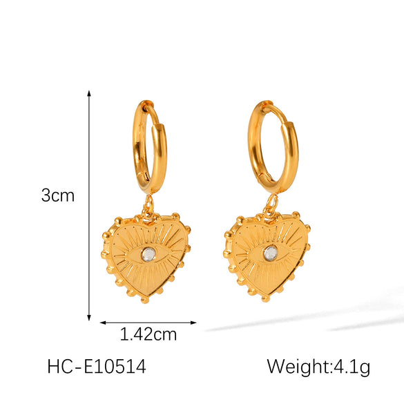 Stainless Steel Inlaid Zircon Heart And Geometric Pendant Earrings With Electroplating For Women