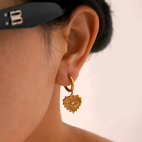 Stainless Steel Inlaid Zircon Heart And Geometric Pendant Earrings With Electroplating For Women
