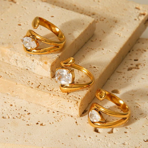 Stainless Steel Inlaid Zircon Open Ring Geometric Pattern Electroplated Hand Jewelry Women's Ins Style
