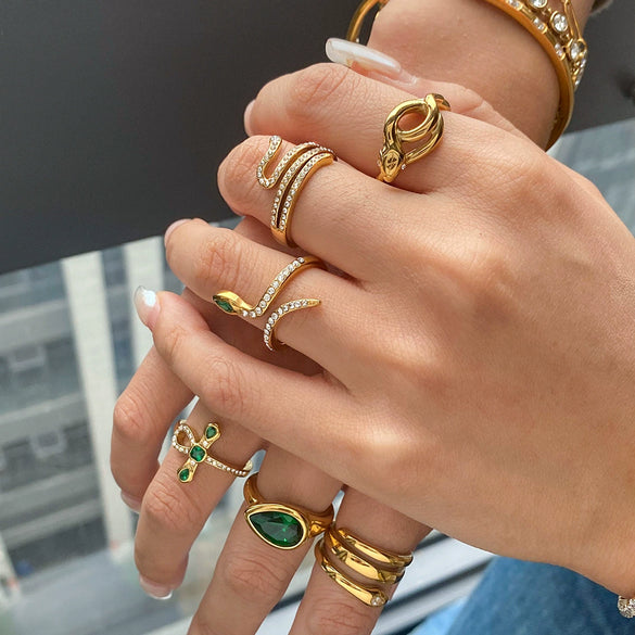 Stainless Steel Inlaid Zirconium Cross Snake Geometric Ring Electroplated Jewelry Wholesale