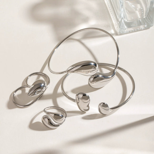Stainless Steel Irregular Dropshaped Open Bracelet Double Finger Ring Electroplated Geometric Style