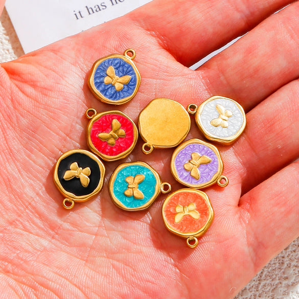 Stainless Steel Jewelry Accessories Vacuum Plated 18K Gold Butterfly Heart Dripping Oil Style Bracelet Necklace Earrings Pendant