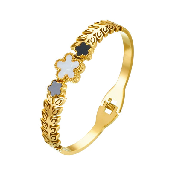 Stainless Steel Jewelry Bracelet Fashion Retro Style With Five Petal Flower And Wheat Ear Pattern Gold Plated