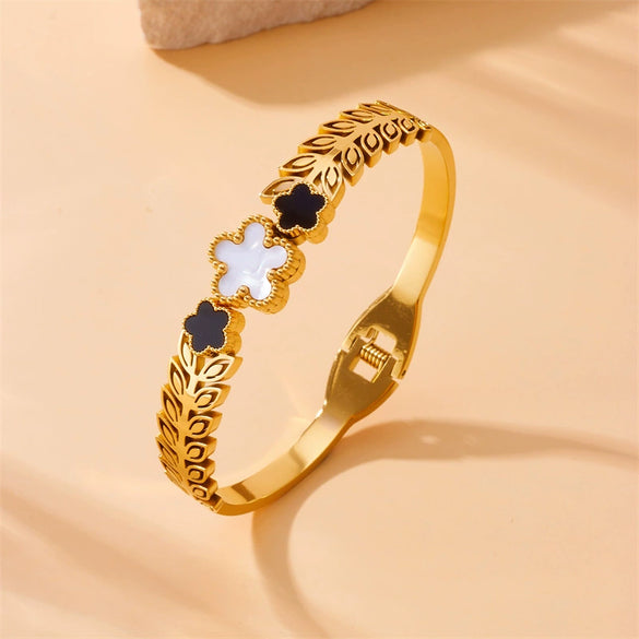 Stainless Steel Jewelry Bracelet Fashion Retro Style With Five Petal Flower And Wheat Ear Pattern Gold Plated