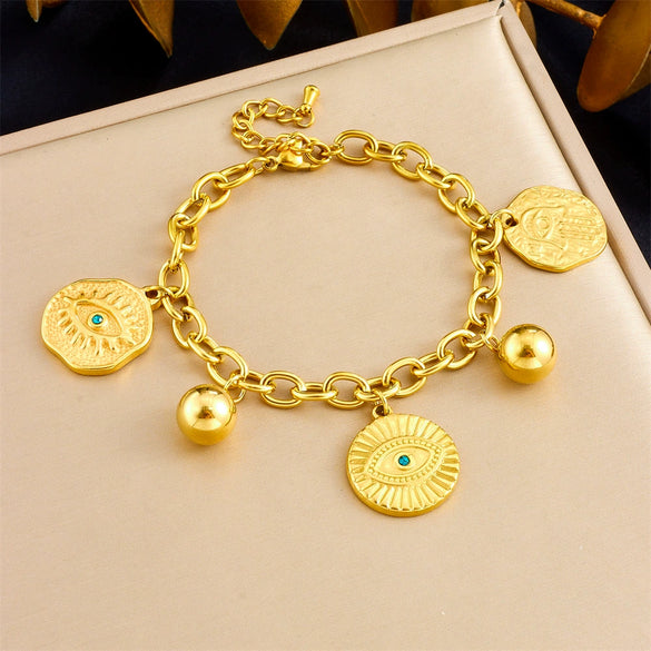 Stainless Steel Jewelry Bracelet With Irregular Round Concave And Convex Eye Turquoise Pendant Electroplated For Women Fashion Style