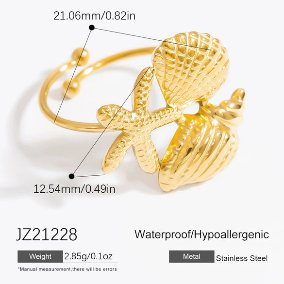 Stainless Steel Jewelry Geometric Ring Marine Series Starfish And Conch Electroplated