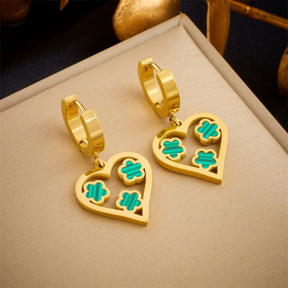 Stainless Steel Jewelry Heart Shape Plum Flower Hollow Love Pendant Earrings Electroplated For Women
