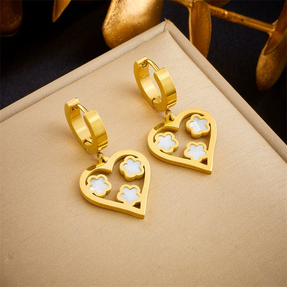 Stainless Steel Jewelry Heart Shape Plum Flower Hollow Love Pendant Earrings Electroplated For Women