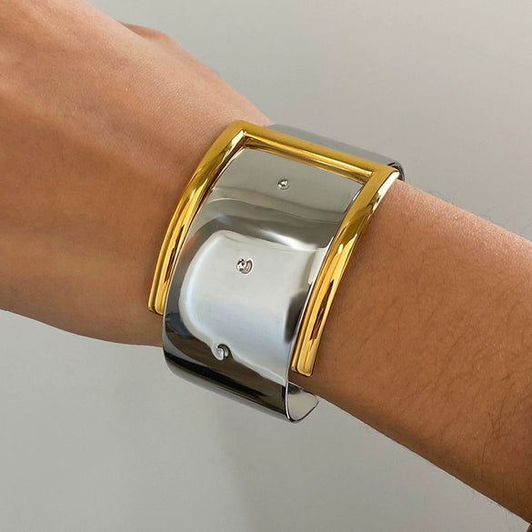 Stainless Steel Jewelry Open Bracelet With 18K Gold Electroplated And Geometric Original Design