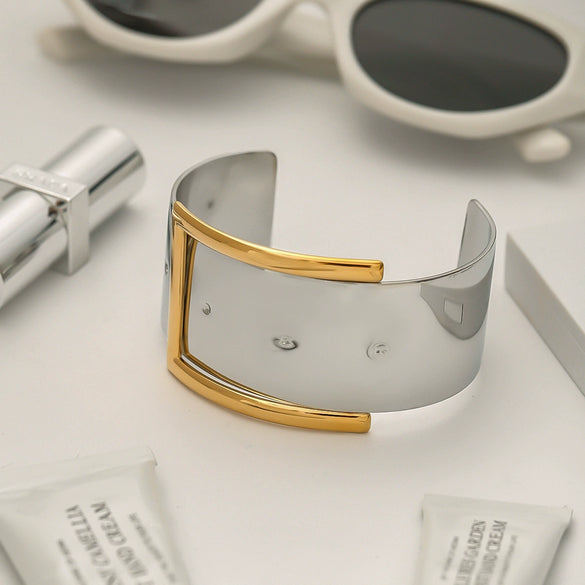 Stainless Steel Jewelry Open Bracelet With 18K Gold Electroplated And Geometric Original Design