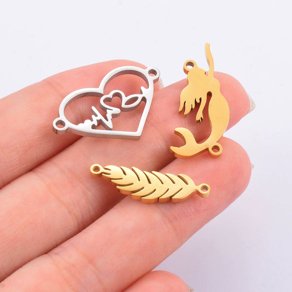 Stainless Steel Jewelry Pendant With Geometric Shape Electroplating Palm Heart Infinite Symbol Turtle Mermaid Airplane Double Hole Design