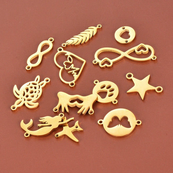 Stainless Steel Jewelry Pendant With Geometric Shape Electroplating Palm Heart Infinite Symbol Turtle Mermaid Airplane Double Hole Design