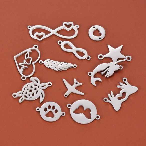 Stainless Steel Jewelry Pendant With Geometric Shape Electroplating Palm Heart Infinite Symbol Turtle Mermaid Airplane Double Hole Design