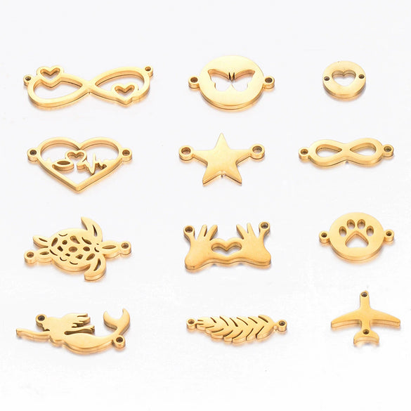 Stainless Steel Jewelry Pendant With Geometric Shape Electroplating Palm Heart Infinite Symbol Turtle Mermaid Airplane Double Hole Design