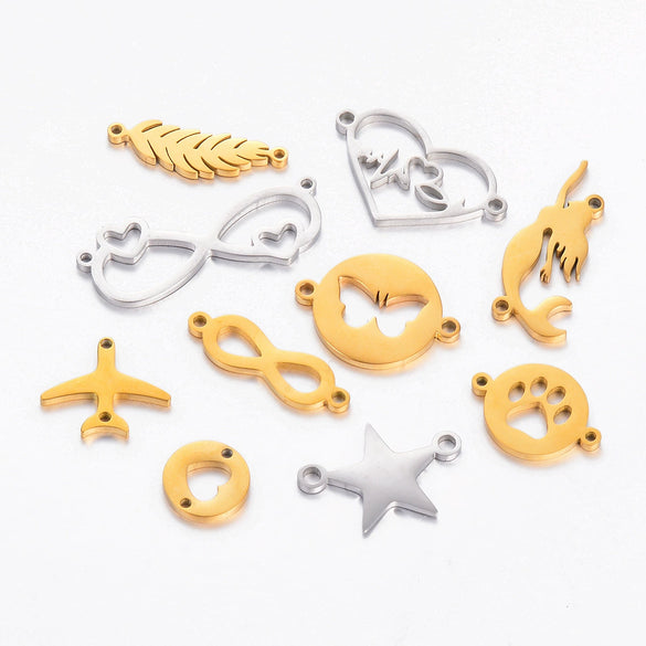 Stainless Steel Jewelry Pendant With Geometric Shape Electroplating Palm Heart Infinite Symbol Turtle Mermaid Airplane Double Hole Design