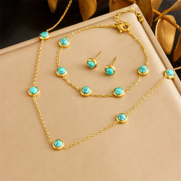 Stainless Steel Jewelry Set With Retro Style Including Round Earrings Clavicle Chain And Bracelet Electroplated