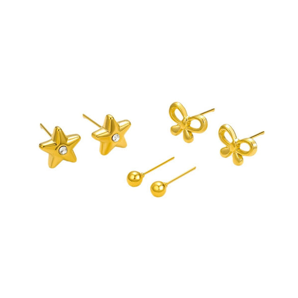 Stainless Steel 18K Electroplated Bow Star Inlaid Zircon Women's Earrings Set