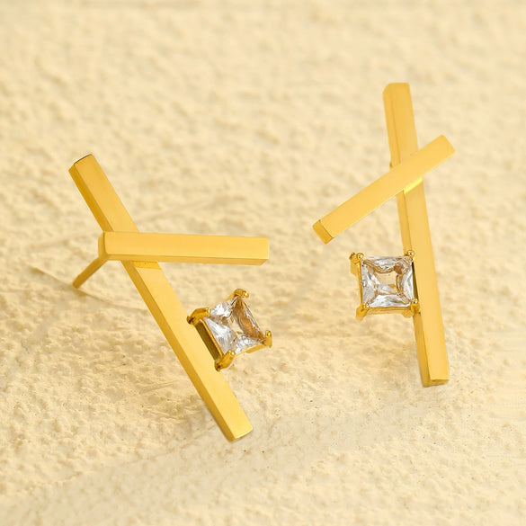 Stainless Steel 18K Electroplated Cross Zircon Women's Earrings Simple Fashion Design