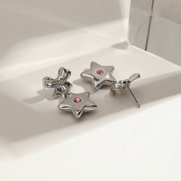 Stainless Steel 18K Electroplated Fivepointed Star Bow Earrings For Women