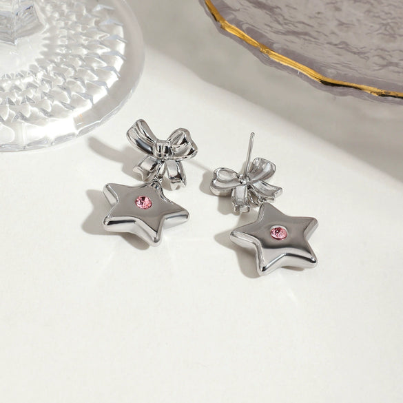 Stainless Steel 18K Electroplated Fivepointed Star Bow Earrings For Women