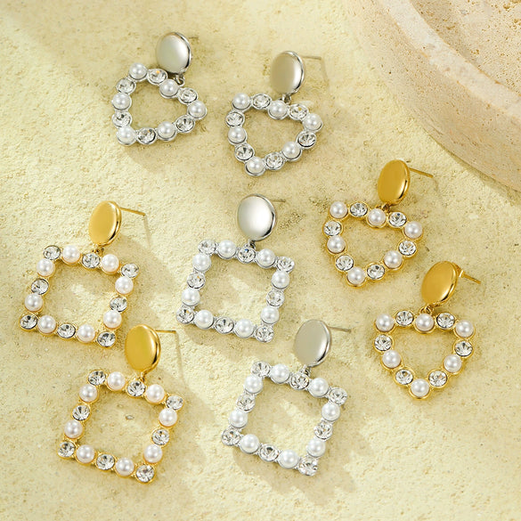 Stainless Steel 18K Electroplated Love Square Zircon Pearl Pendant Earrings For Women Fashion Style