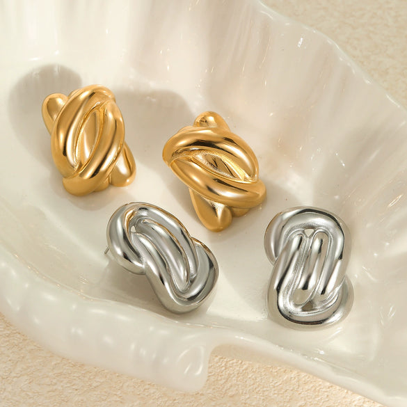 Stainless Steel 18K Gold Electroplated Geometric Asymmetrical Square Pleated Striped Women's Earrings