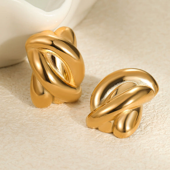 Stainless Steel 18K Gold Electroplated Geometric Asymmetrical Square Pleated Striped Women's Earrings