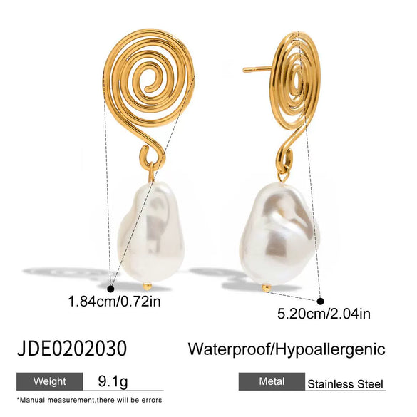 Stainless Steel 18K Gold Electroplated Geometric Spiral Imitation Pearl Women's Earrings