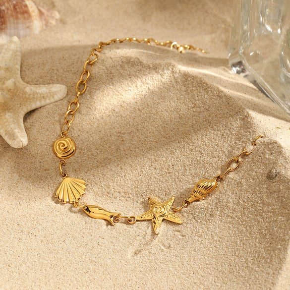 Stainless Steel 18K Gold Electroplated Ocean Wind Conch Shell Starfish Small Fish Women's Necklace
