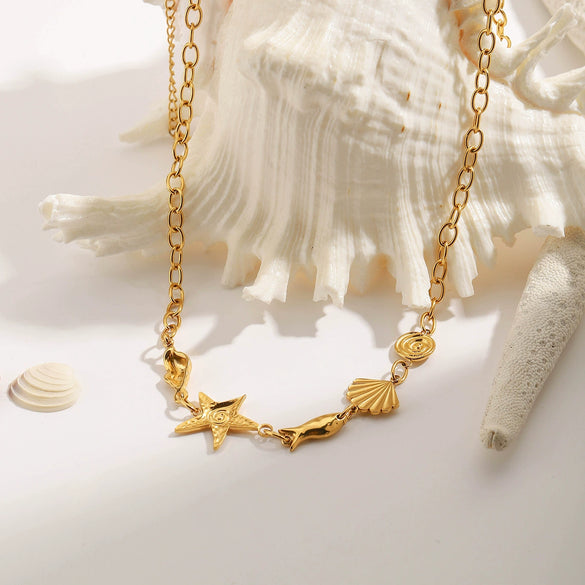 Stainless Steel 18K Gold Electroplated Ocean Wind Conch Shell Starfish Small Fish Women's Necklace