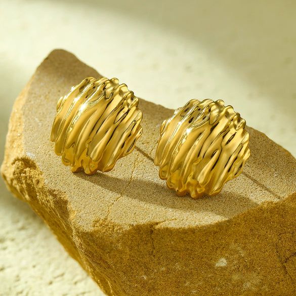Stainless Steel 18K Gold Electroplated Round Pleated Textured Earrings