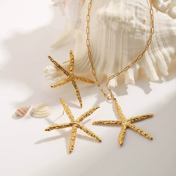 Stainless Steel 18K Gold Electroplating Starfish Ocean Style Women's Earrings Necklace