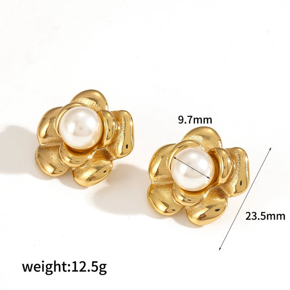Stainless Steel 18K Gold Flower Geometric Diamond Women's Earrings