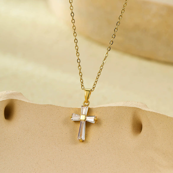 Stainless Steel 18K Gold Geometric Cross Pendant Inlaid With White Zircon Electroplated Women's Clavicle Necklace