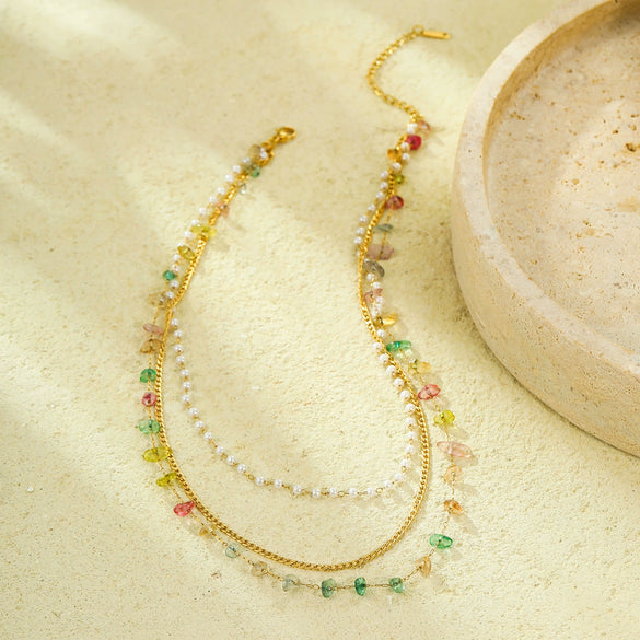 Stainless Steel 18K Gold Plated Clavicle Necklace With Multichain And Pearl Colorful Gravel