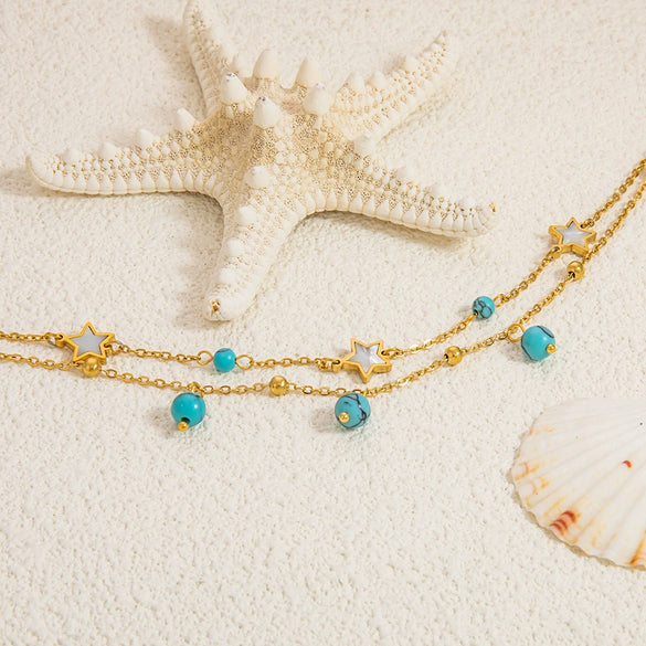 Stainless Steel 18K Gold Plated Life Tree Turquoise Zircon Pearl Anklet For Women