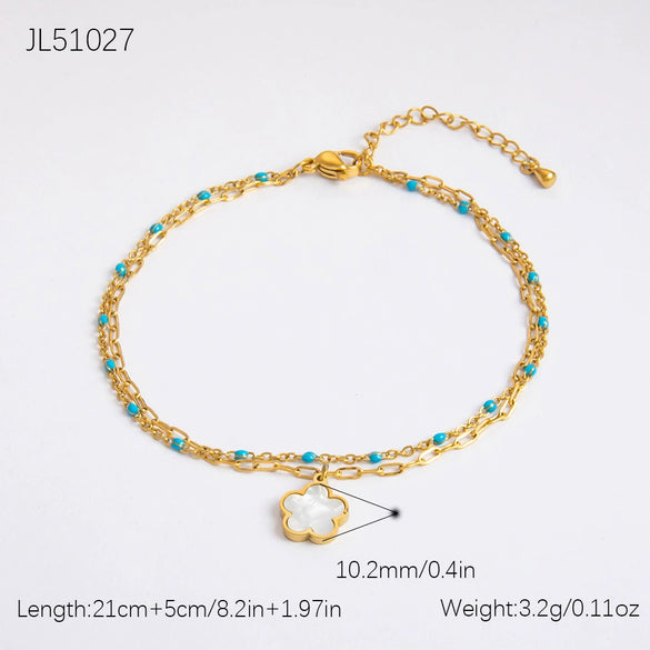 Stainless Steel 18K Gold Plated Life Tree Turquoise Zircon Pearl Anklet For Women