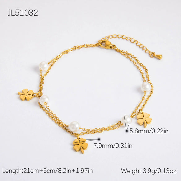 Stainless Steel 18K Gold Plated Life Tree Turquoise Zircon Pearl Anklet For Women