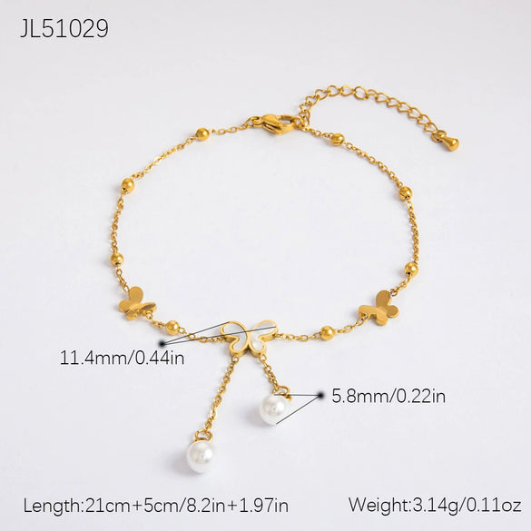Stainless Steel 18K Gold Plated Life Tree Turquoise Zircon Pearl Anklet For Women
