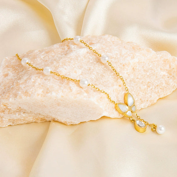 Stainless Steel 18K Gold Plated Life Tree Turquoise Zircon Pearl Anklet For Women