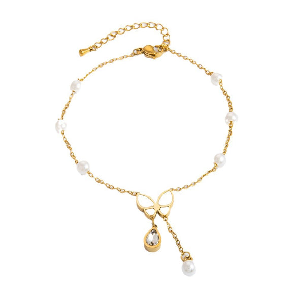 Stainless Steel 18K Gold Plated Life Tree Turquoise Zircon Pearl Anklet For Women