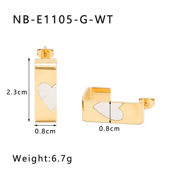Stainless Steel 18K Gold Plated Rectangular Earrings With Heart Shaped Fritillary Inlay Electroplated