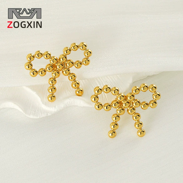 316L Stainless Steel 18K Gold Plated Round Bead Bow Earrings Jewelry