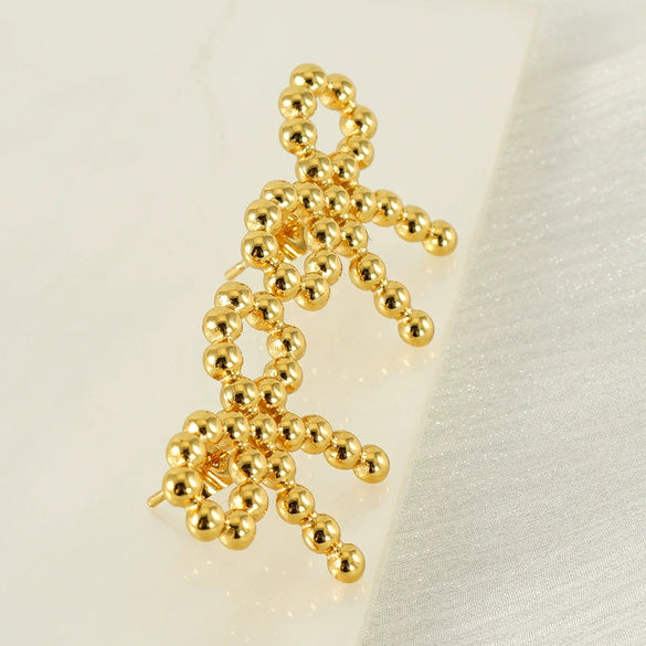 316L Stainless Steel 18K Gold Plated Round Bead Bow Earrings Jewelry