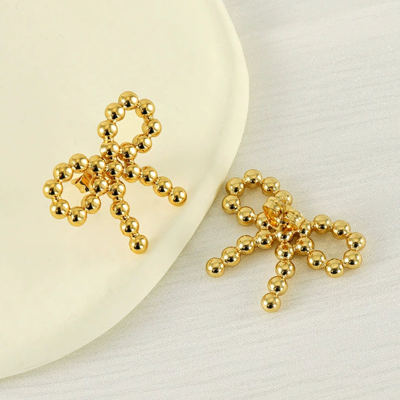 316L Stainless Steel 18K Gold Plated Round Bead Bow Earrings Jewelry