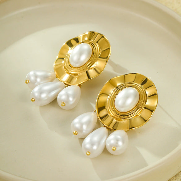 Stainless Steel 18K Gold Plated Round Pleated Pearl Tassel Pendant Earrings Vintage Style Electroplated