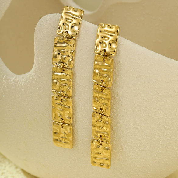 Stainless Steel 18K Gold Plated Square Hammer Pattern Long Tassel Retro Exaggerated Women's Earrings