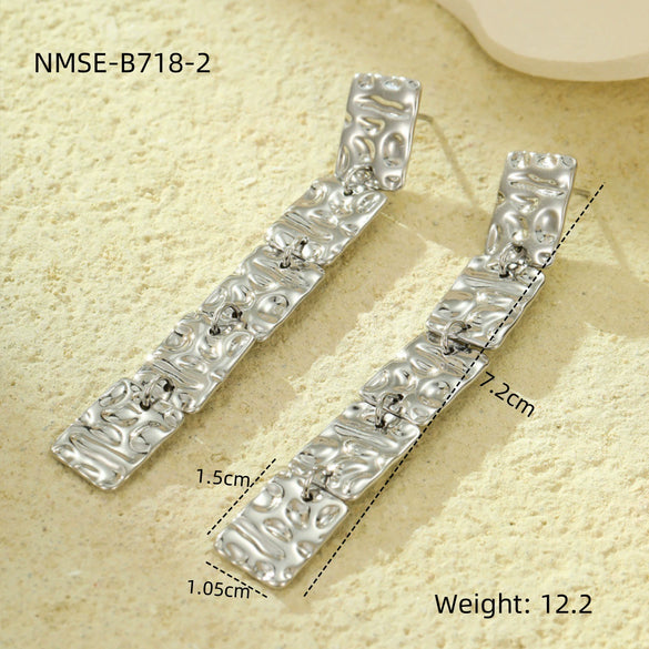 Stainless Steel 18K Gold Plated Square Hammer Pattern Long Tassel Retro Exaggerated Women's Earrings