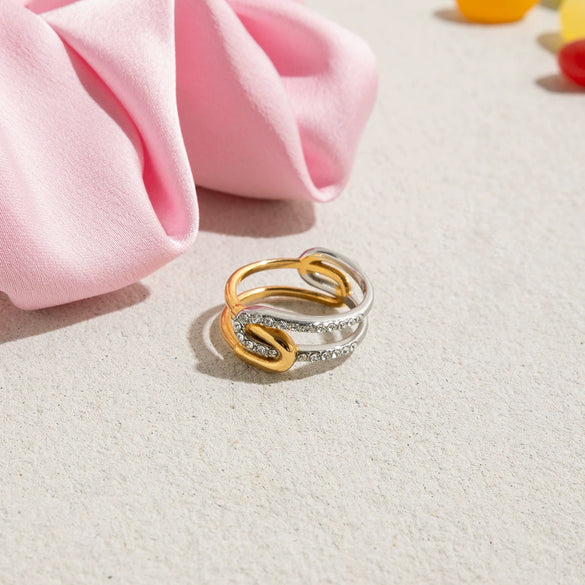 Stainless Steel 18K Goldplated Stacking Ring With Diamonds And Ushaped Design For Women
